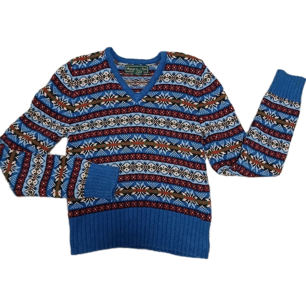 Abercrombie & Fitch Women's Sweater M Fair Isle Birds Eye Knit Blue Y2K Academia